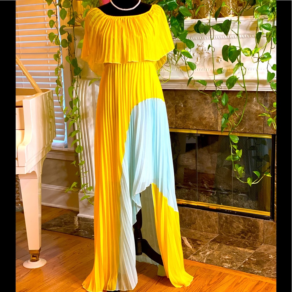Asymmetrical yellow off shoulder dress